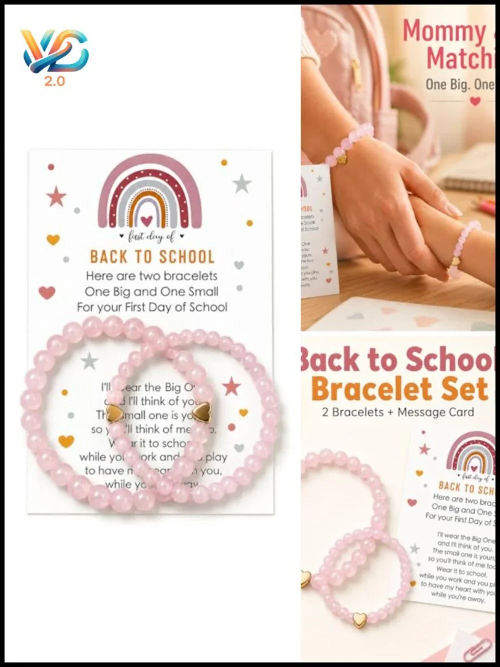 Heart Charm Mommy & Me Elastic Stretch Bead Bracelets Set, Back to School Gift